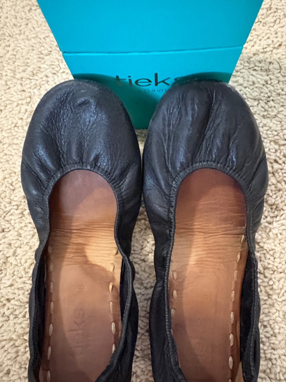 Tieks Black Leather Foldable Ballet Flats with Teal Accents - Picture 3 of 3